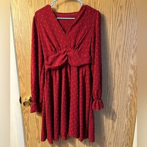 Red V-Neck Bishop Sleeve Knee-Length Sundress